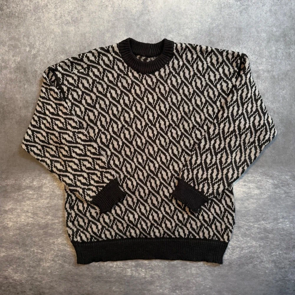 Vintage Black Gray Geometric Pattern Knit Crewneck Sweater Mens Large